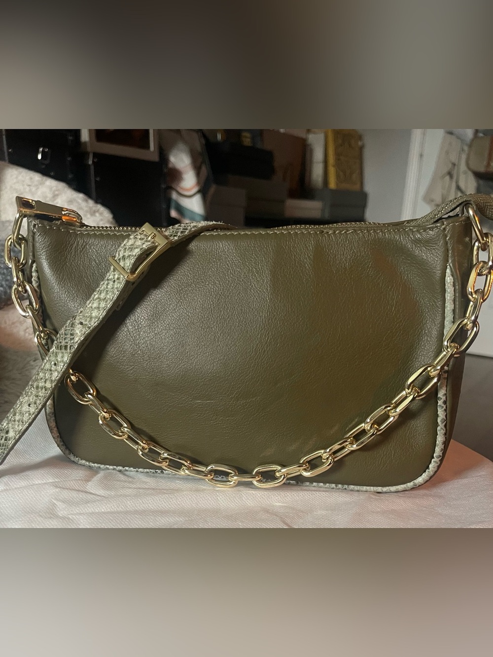Olive Green Leather Crossbody Bag with Gold Chain Accent | shoulder | clutch
